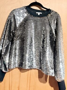 Skinnygirl Silver Sequin Crewneck Sweatshirt with Black Trim